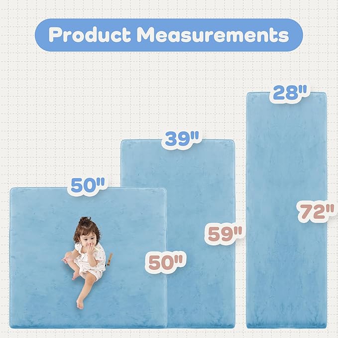 PAPAMAT 1.3" Thick Baby Floor Play Mat 50x50, Basic Padded Foam Mat for Tummy Time Crawling, Non Slip Cushioned for Babies Toddlers Infants Kids (Ice Blue)
