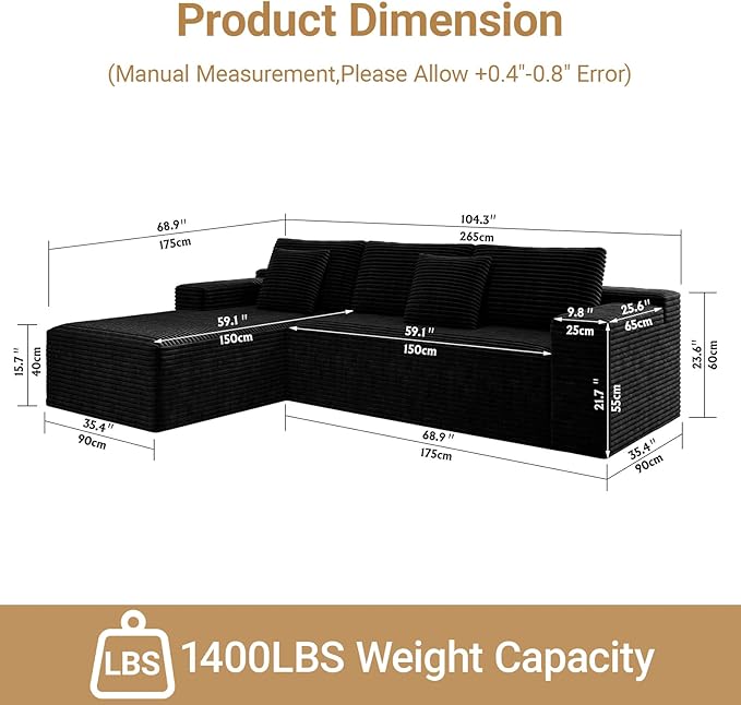 KAPEETOO Modular Sectional Sofa Cloud Couch with Chaise Longue, Left L Shaped Boneless Couch with Deep Seat, Oversize 3-Seater Sofa L Shaped Set for Living Room Bedroom (Black)
