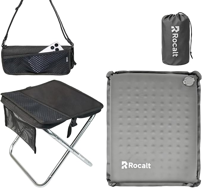 Rocalt Portable Seat Cushion and 2-in-1 Foldable Stool with Carry Bag, Self-Inflating Travel Cushion for Camping, Stadiums, Beach, Hiking | Lightweight, Waterproof, Durable Outdoor Seating Set