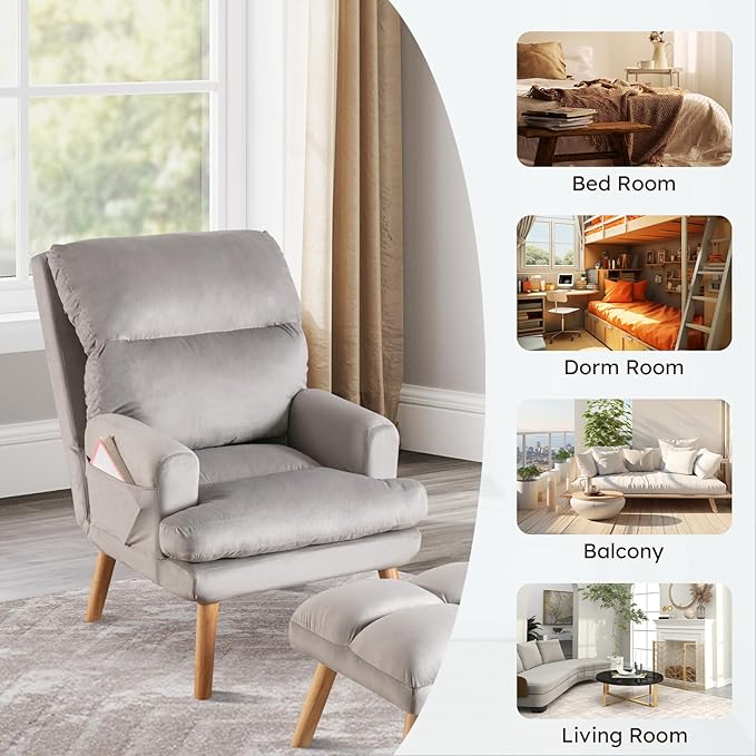 IOMOR Accent Chair with Ottoman, Velvet Fabric Chair Armchair with Adjustable Backrest and Side Pockets, Mid Century Arm Chair with Ottoman for Living Room, Bedroom, Teen Room, Light Grey