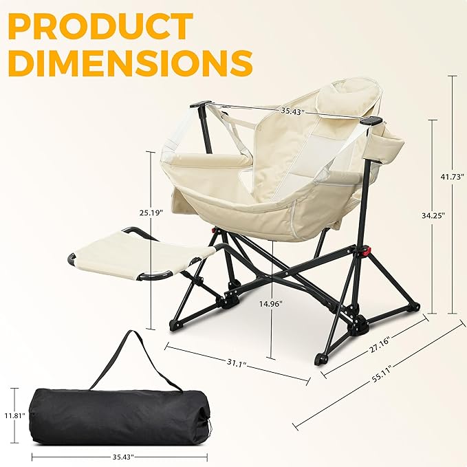 GDY Camping Chairs, Oversized Hammock, Folding Rocking Chairs, Adjustable Back Swing Chairs, Cup Holder, Outdoor Beach Lawn, White.