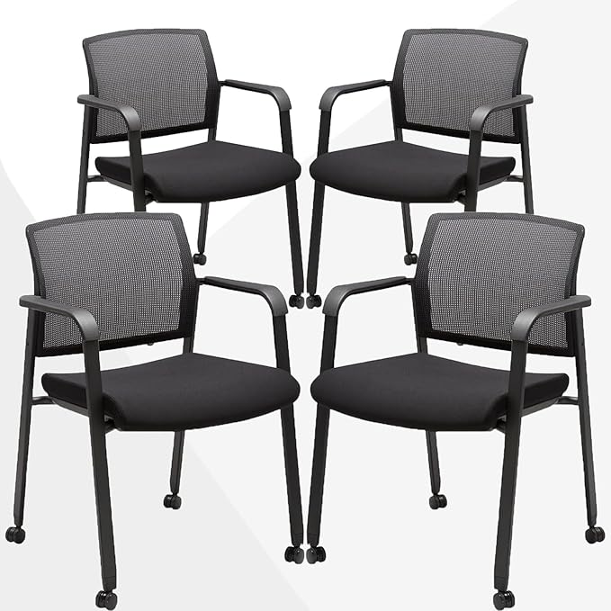 CLATINA Rolling Conference Chairs, 4 Pack Stackable with Wheels and Paddle, Ergonomic Mesh Back and Arms for Meeting, Training Room & Home Office (Black)