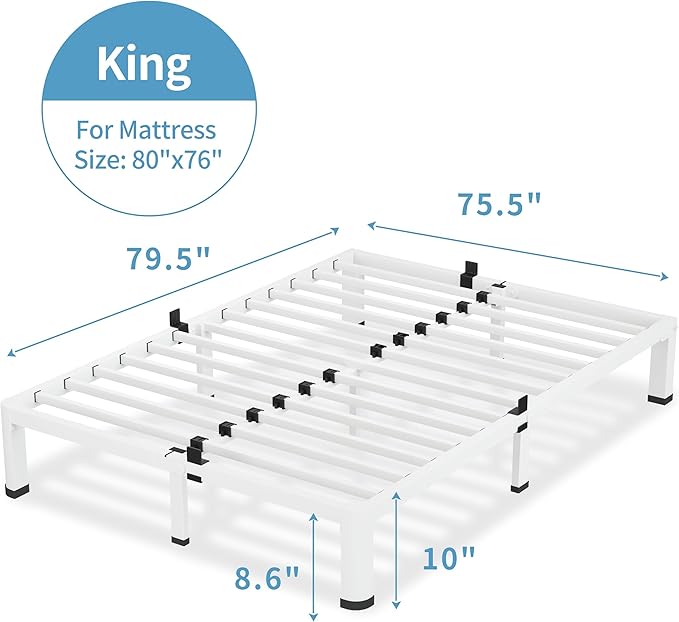 VIPSHOW 7 Inch White King Size Bed Frame, 3500Lbs Heavy Duty Metal Platform with Round Corner Legs Mattress Slide Stopper, Steel Slat Support No Box Spring Needed, Noise Free, Non-Slip, Easy Assembly