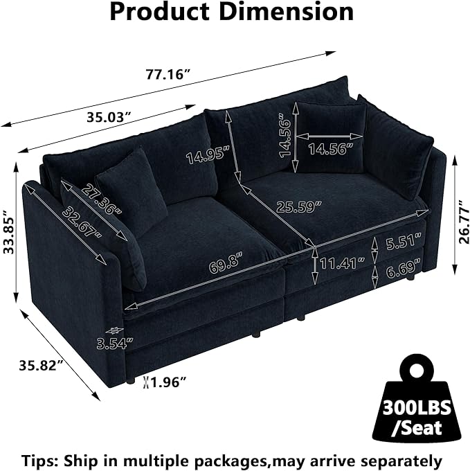 Aoowow Modular Sectional Sofa Modern Convertible Loveseat Couch,77.16 Inch Deep 2-Seater Sofas Comfy Chenille Cloud Sofas and Couches with Pillows for Living Room Apartment（Black）