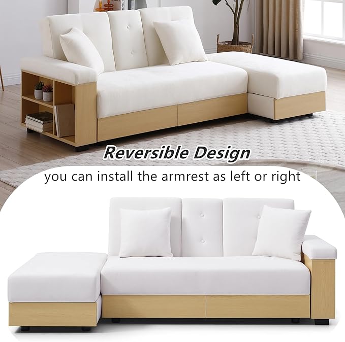 Roockky Convertible Sofa Bed, 85" Folding Sectional Sleeper Sofa with Storage Ottoman, Drawers, Built-in Bookshelves and 2 Cup Holders, Linen (Beige)