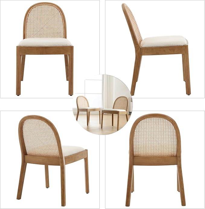 DUOMAY Mid-Century Modern Rattan Dining Chairs Set of 6, Wooden Dining Room Chair with Cane Backrest and Padded Seat, Sherpa Upholstered Dining Chair, Natural Finish, White