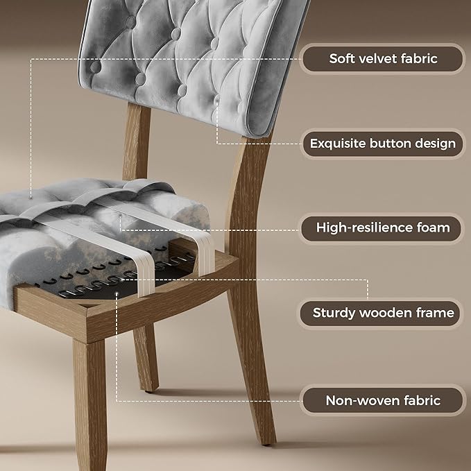 UVV Upholstered Dining Chairs Set of 4, Mid Century Modern Tufted Kitchen Chairs Dining Room Chairs, Velvet Dinner Chair with Wood Legs for Dining Room Kitchen, Light Grey