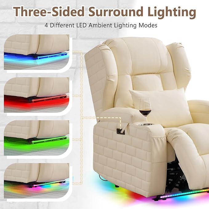 Wall Hugger Power Recliner Chair with Heat and Massage, Overstuffed Reclining Sofa Chair for Living Room Home Theater RV with 3-Side LED Lights/Cup Holders/USB & Type C Port (White)