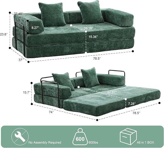 Floor Couch,Compression Sofa,Convertible Floor Sofa Bed-with Pillow Back Support Armrest,Comfy Futon Couch Lounge Sleeper Bed,Flannel Fabric,for Living Room Bedroom (Dark Green)