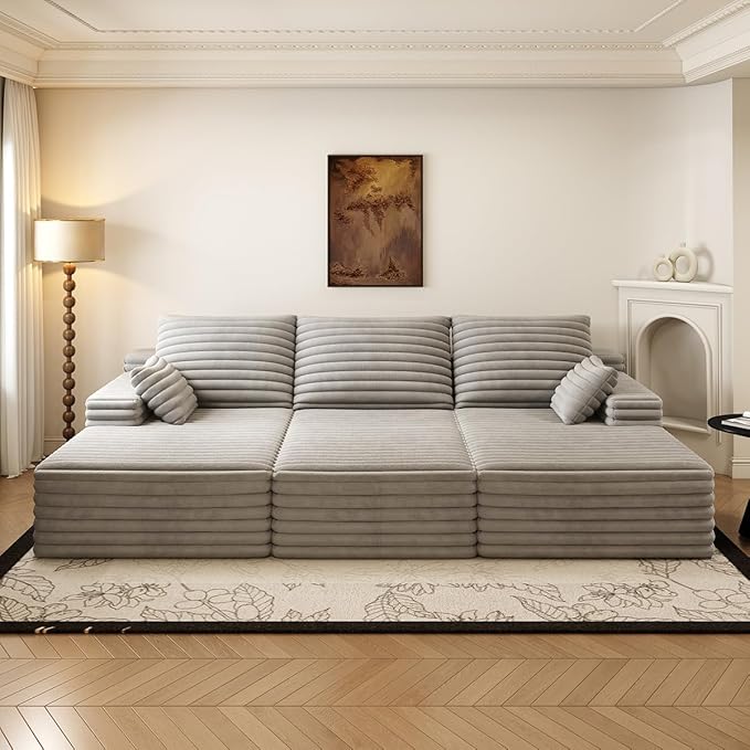 Oversized Lounge Chaise,Cloud Plush Sofa Bed,Upholstered Boneless Cloud Sofa Deep Seat,No Assembly Required,Modern Corduroy Sleeper 3 Seater Chair for Living Room Bedroom Reading,Grey