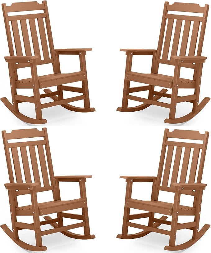 hOmeQomi Rocking Chairs Set of 4, All Weather Resistant Poly Lumber Outdoor Porch Rocker, Rocking Chairs for Outdoor, Indoor, Patio, Deck, Garden, Backyard, Load Bearing 380 lbs - Teak