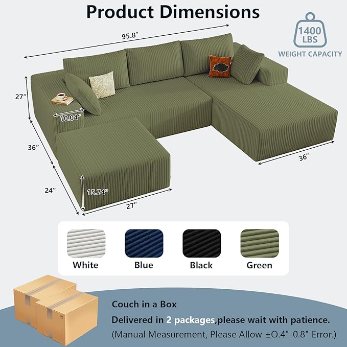 96" W Cloud Sectional Couch with Ottoman,Modern U-Shaped Cloud Couch with Deep Seat,Comfy Corduroy 3-Seater Sofa,Memory Foam Sofa for Living Room,No Assembly (Green,Right-Facing Chaise)
