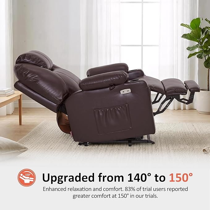 MCombo Extra Wide Power Lift Recliner Chair for Elderly, Lift Chair with Heat and Massage for Big People, USB&Type C Ports, Cup Holders, Faux Leather R7045 (Dark Brown, Medium-Wide)
