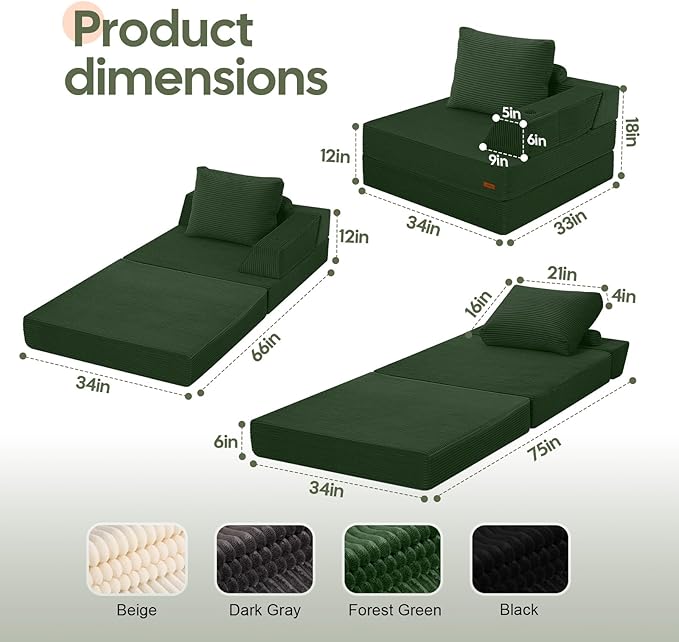 COMAX Folding Sofa Bed, Foldable Couch for Bedroom, Corduroy Convertible Floor Sleeper Futon Chair Foam, 3 in 1 Fold Out Chair Portable Comfy Lounge Couch Single Sofa Bed for Small Space Guest Room