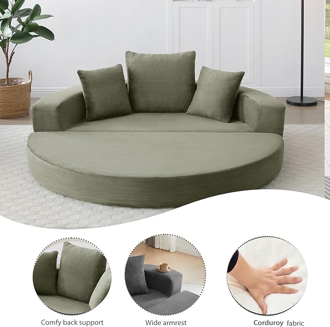 67" Round Convertible Folding Sofa Bed, Boneless Couch Loveseat, Floor Sleeper Chaise Lounge for Living Room, Apartment, Dorm, Small Spaces, Green