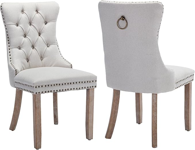 YeahFurn Beige Mid Century Modern Dining Chairs Set of 2, Linen Upholstered Kitchen & Dining Room Chairs with Nailhead Trim & Solid Wood Legs, Elegant Sillas De Comedor (Beige, 2 Pcs)