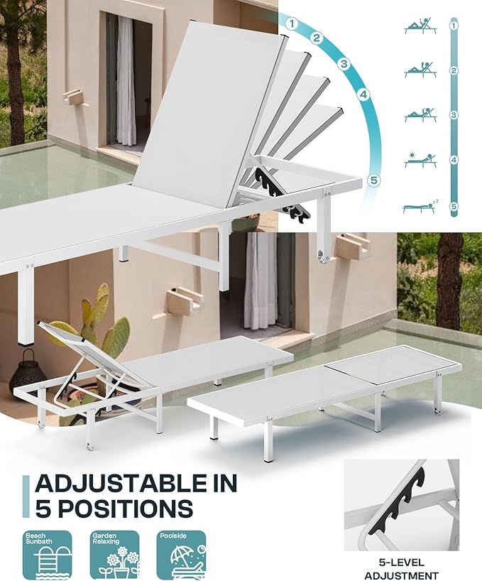 Pool Lounge Chairs Set of 2，Outdoor Lounge Chairs with Wheels and 5-Position Recliner -Easy to Move- Aluminum Patio Lounge Chair for Poolside, Deck (White)