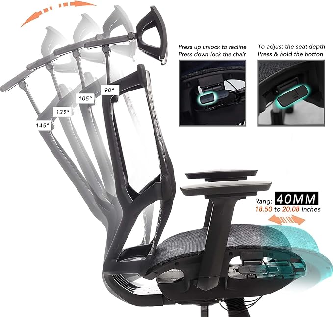 Ergonomic Office Chair with 4D Headrest, Large Mesh Desk Chair with Adjustable Seat Depth, High-Rebound Backrest, Adjustable Arms, 90°-145° Tilt Lock, Comfortable Chair for Home Office