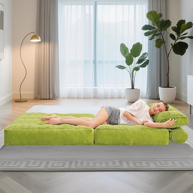 HABUTWAY Folding Sofa Bed, Convertible Sleeper Chair Bed w/Dual-Pillow & Handle, Foldable Floor Sofa Lounge w/Back Support for Living Room, Bedroom, Apartment, Office, Single, Green