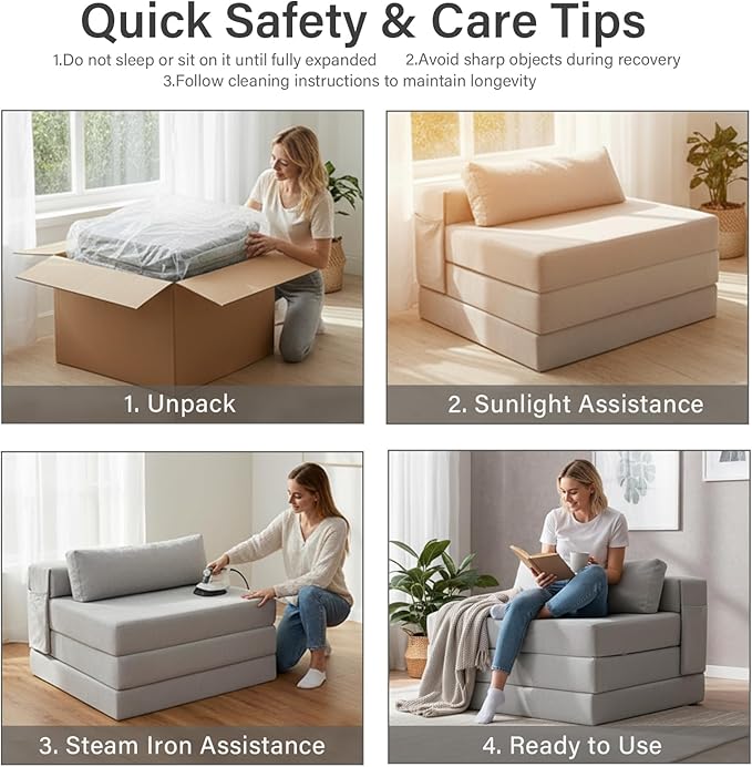 Tiita Folding Sofa Bed-Convertible Sleeper Chair with Storage Bag, Tri Foldable Mattress with Pillow, Portable Fold Out Chair Bed Floor Sofa for Living Room/Dorm/Guest Use/Travel, Single Size, Grey