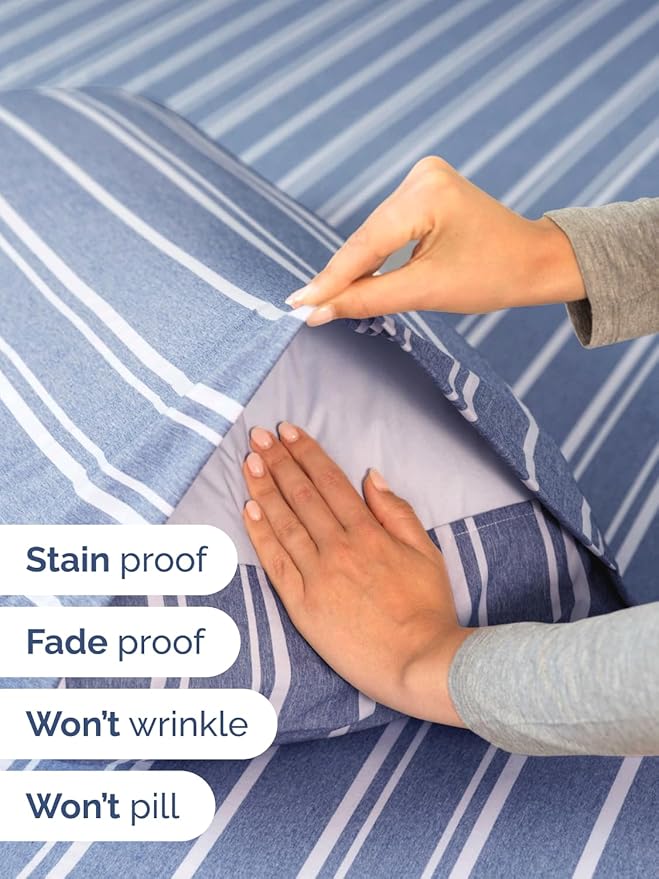 Extra Deep Pocket Split King Sheets - 5 Piece Breathable & Cooling Bed Sheets - Hotel Luxury Bed Sheet Set - Soft, Wrinkle Free & Comfy - Easily Fits Extra Deep Mattresses - Blue Striped Sheets Set