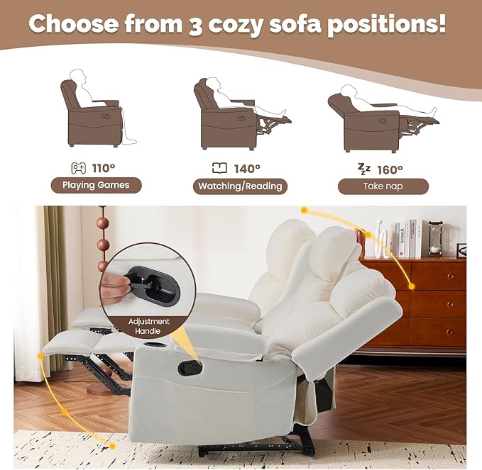 PALLOME Chenille Reclining Sofa 3-Seater with Convertible Table, Storage Ottoman & Cup Holders | Modern Space-Saving Couch, Ergonomic Living Room Furniture (Cream)
