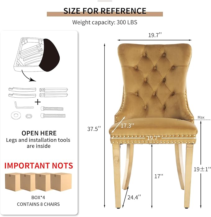 YeahFurn Mid Century Modern Dining Chairs Set of 8, Yellow Velvet Upholstered Tufted Back, Kitchen & Dining Room Chairs, Gold Metal Legs, Nailhead Trim, Sillas para Comedor (Yellow, 8 Pcs)