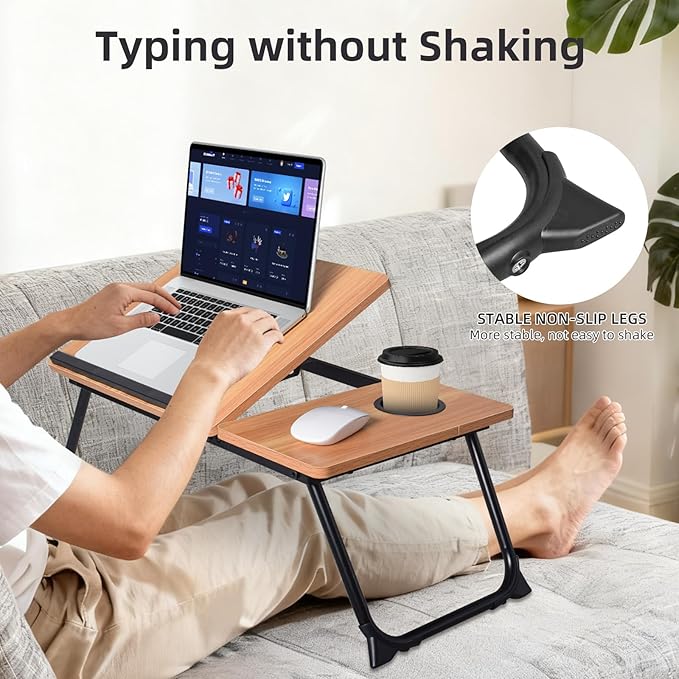 Adjustable Wooden Lap Desk with Flexible Stand, Natural Oak Color, Portable Workstation with Cable Management, Ergonomic Design for Home Office (Wood)