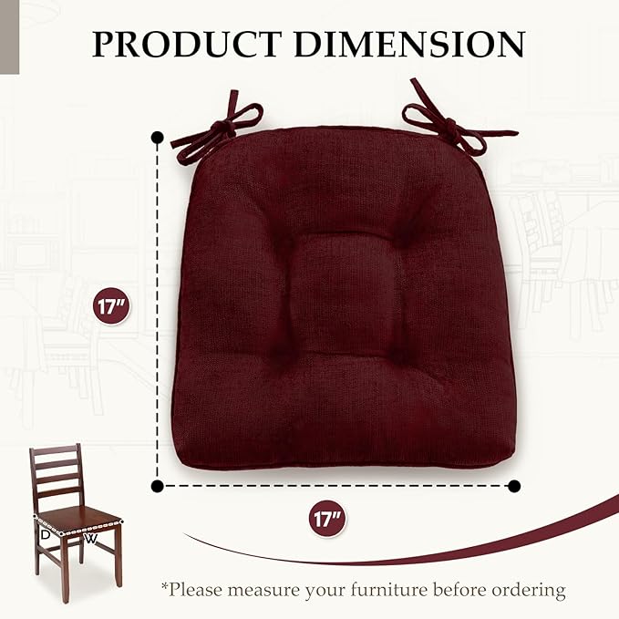 HARBOREST Chair Cushions for Dining Chairs Set of 2 - Chenille Tufted Kitchen Chair Cushions with Ties and Non-Slip Bottom, Foam Chair Pads for Dining Chairs, 17" x 17", Burgundy