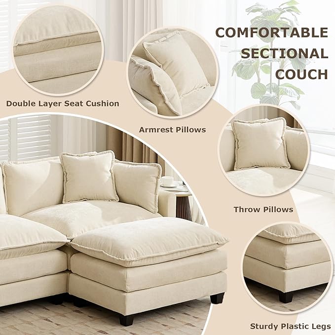 SoarFlash 113.78" Chenille Sectional Sofa, Comfy U Shaped Modular Coush Sofa with Ottoman, Modern 4 Seat Couch Deep Seat Sofa Set for Living Room,Beige