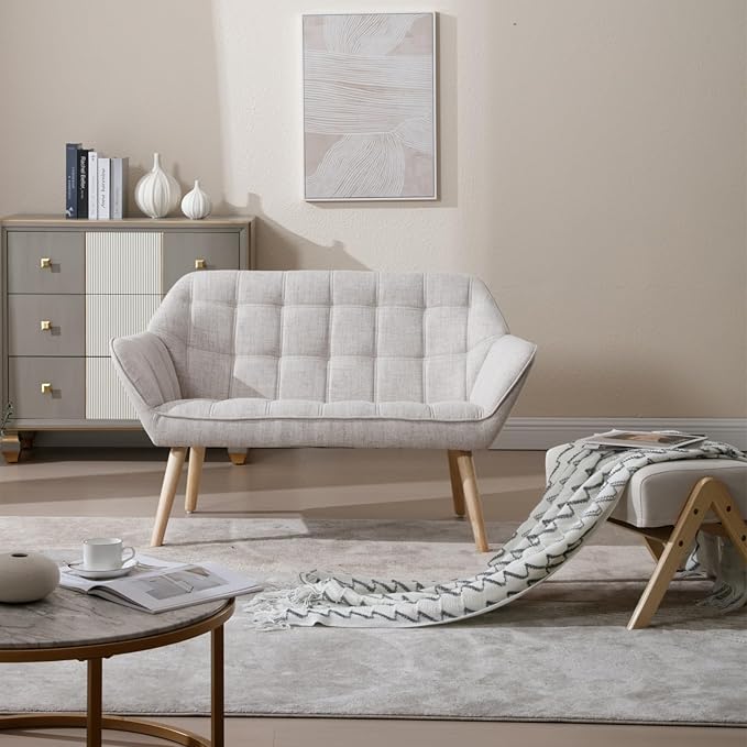 QUINJAY 48" Small Loveseat Sofa, Modern Linen Fabric Mini Sofa Couch 2-Seater Love Seat with Quilting Backs and Wood Legs for Living Room, Bedroom and Small Space, Beige