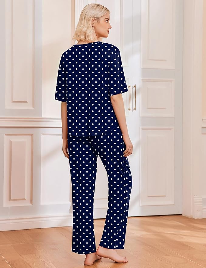 Ekouaer 2 Pack Womens Pajama Sets Short Sleeve Tops and Long Pants Casual Comfy Pjs Lounge Set with Pockets,S-XXL