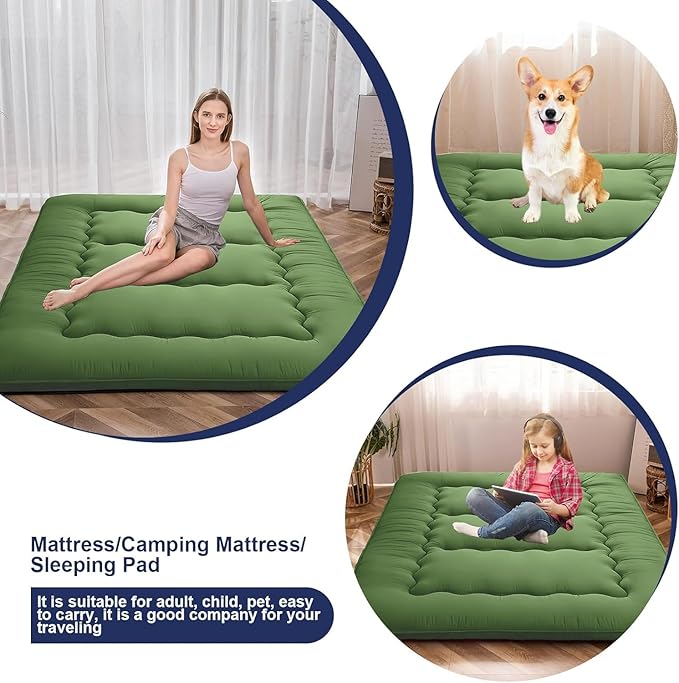 Japanese Floor Mattress,Thicken Japanese Floor Sleeping Pad Foldable,Roll Up Tatami Mat Easy to Store and Portable,Futon Mattress Suitable for Camping and Guest Room (Green, Queen (80" X 60"))