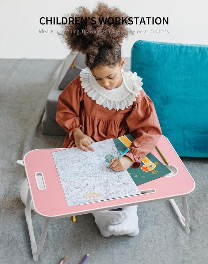 ZEAPTAC Laptop Bed Desk, Foldable Lap Desk, Portable Lap Table, Laptop Stand with Cup Holder & Tablet Slot & Lifting Handle for Working Writing Drawing & Eating - Pink