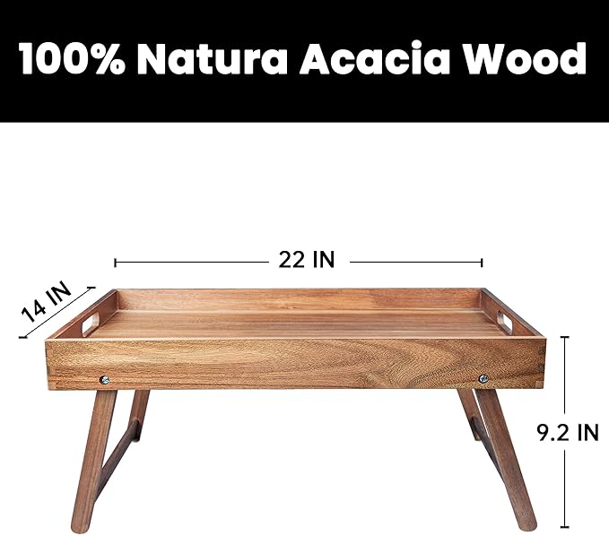 Taxenxar Extra Large Folding Bed Tray Table, 22’’ x 14’’ Acacia Wood Breakfast Tray, Food Serving Tray with Legs for Eating in Bed