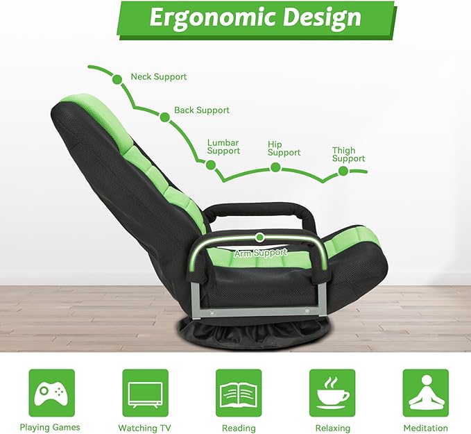 360° Swivel Chair 6 Adjustable Positions Backrest with Armrest Foldable Floor Chairs Suitable for Reading, Relaxing, Mediation,Green