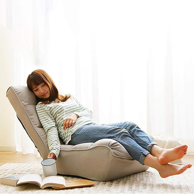 Floor Chair Single Lazy Sofa Leisure Balcony Reclining Japanese Tatami Adjustable Recliner with Ottoman for Living Room, Bedroom, Indoor Use (No Footstool, Gray)