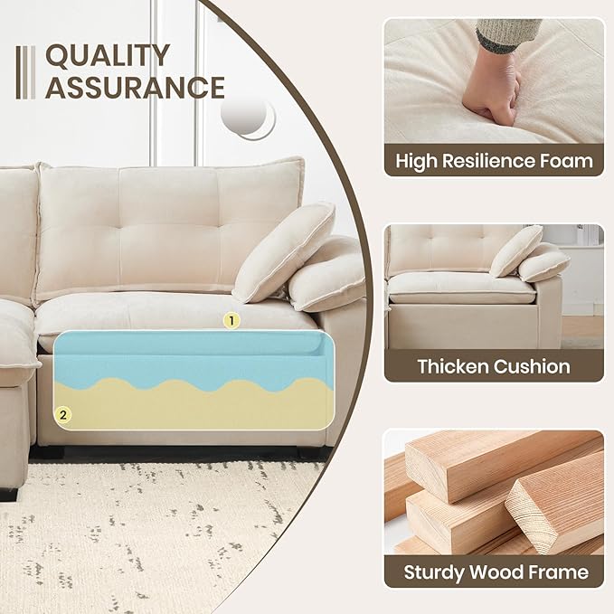 PALLOME 82" Deep Seat Comfy Cloud Couch, Modular Sectional Sofa with Movable Ottoman, L Shaped Chenille Sofa for Small Space, Modern Apartment Living Room & Office (Beige, 2-Seat + Ottoman)