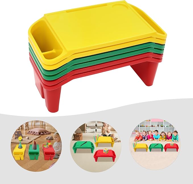 6 Pcs Kids Lap Desk Tray, 19.69 * 9.84 * 7.09in Lap Desks with Storage, Lap Desk Tray with Side Pockets and Slot for Writing Eating Game Classroom (2*Red+2*Green+2*Yellow)