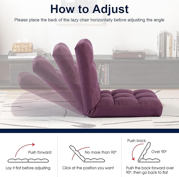 HOMYEDAMIC Folding Floor Chair with Back Support, Adjust Lay Flat Recliner Oversized Lounge Wide Lazy Boy Gaming Ergonomic Single Sofa Seat for Living Room Bedroom(Purple)