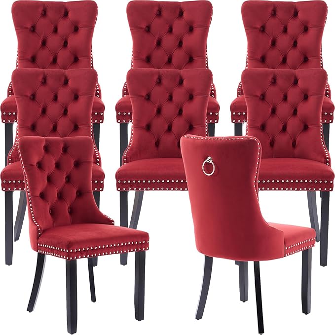 YeahFurn Mid Century Modern Dining Chairs Set of 8, Velvet Upholstered Kitchen & Dining Room Chairs with Nailhead Trim & Solid Wood Legs, Tufted Kitchen Chairs, Elegant Sillas De Comedor (Red, 8 Pcs)