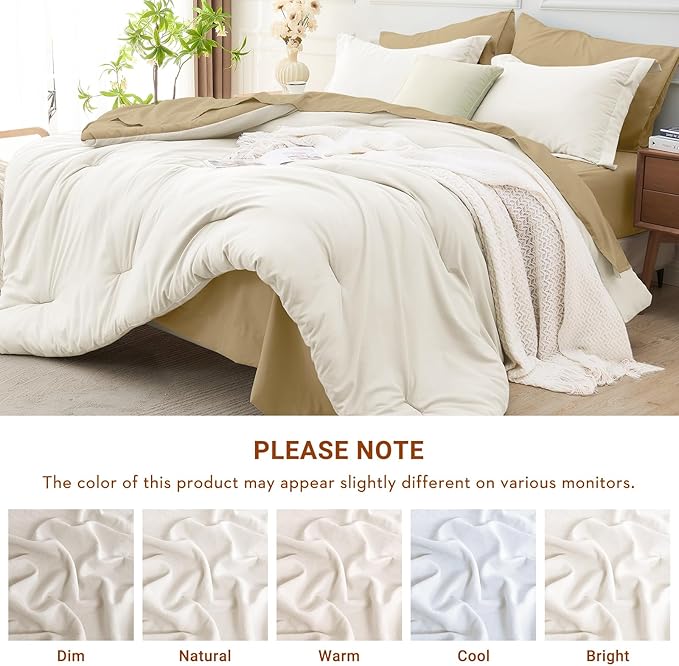 MUXHOMO 7 Pieces King Comforter Set, Soft Bed in a Bag King Size, All Season Bedding Set with Comforter, Flat Sheet, Fitted Sheet, Pillowcases & Shams, Ivory & Khaki