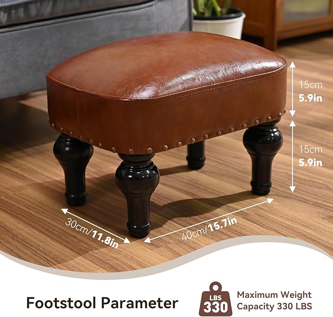 DSGAMER Leather Ottoman Footrest,Rustic Foot Stools Seat,Wood Footstool,Rectangle Footrest Small Ottoman for Bedroom,Living Room,Office,Entrance Hall (Brown)