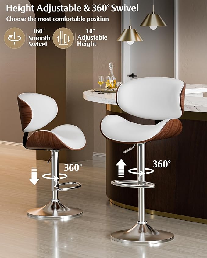 Aowos Bar Stools Set of 3, Adjustable Swivel Barstools Mid-Century Modern PU Leather Counter Height Bar Stool, Kitchen Island Barstools with Back (White)