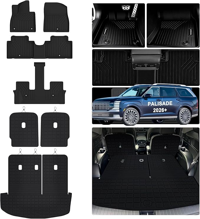Floor Mats for 2026 Hyundai Palisade 7 Seats (Only Fit Gas) & Cargo Liners with Backrest Mat,TPE All Weather Protection Car Mats with 2nd & 3rd Row Covering The Backrest Full Set Accessories