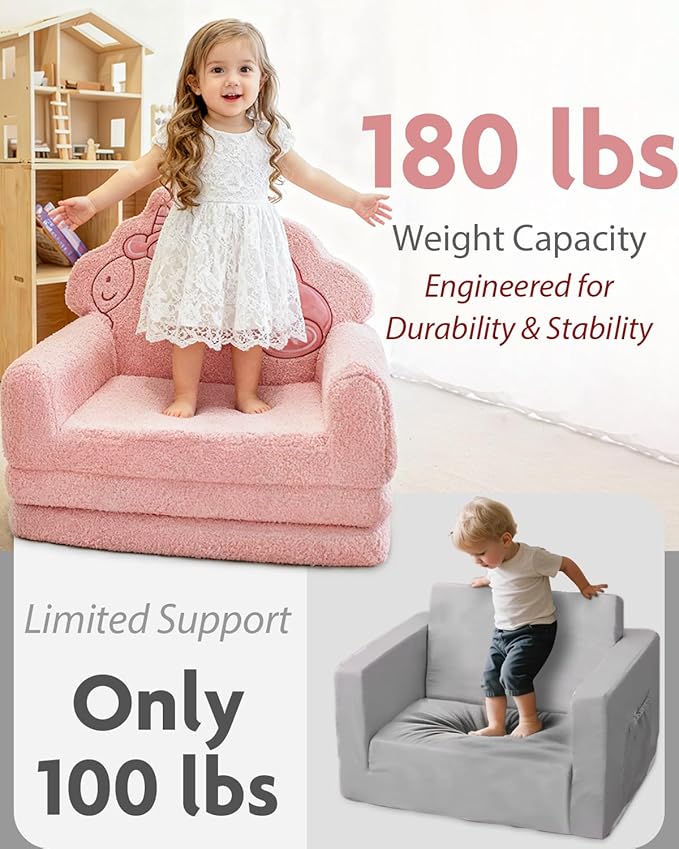 TinyPalsa Kids Couch, Convertible Sofa to Lounger Fold Out, Pink Magical Pony Design Chair for Toddlers 1-3, Gift for Birthday, Movie Night