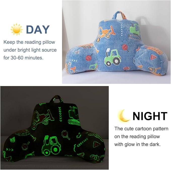 Holawakaka Boys Glow in The Dark Construction Truck Reading Pillow, Backrest Pillow with Excavator, Tractor & Crane Print, Soft Luminous Flannel Bed Rest Back Cushion for Kids, Teens Gifts
