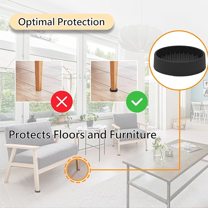 2.5x2.5 Round Rubber Furniture Caster Cups, Anti-Sliding Furniture Pads Bed Stopper Floor Protectors with Grip - Protect Any Flooring