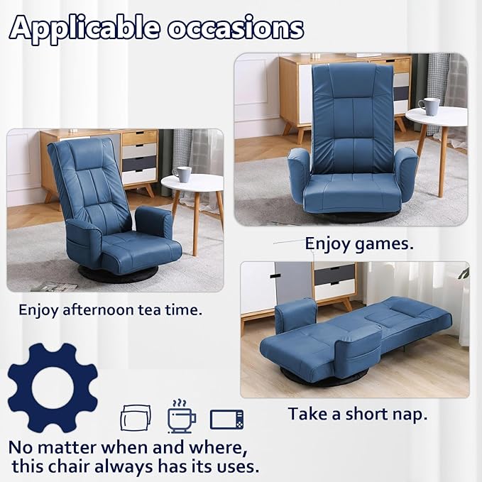 360 Degree Swivel Floor Chairs for Adults, Faux Leather Gaming Floor Chair with Back Support, 14 Angles Adjustable Comfortable Floor Lounge Chair Folding Video Game Chairs Office Bedroom