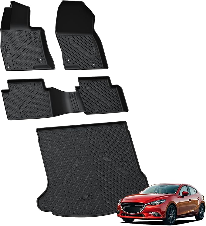 LASFIT Floor Mats & Cargo Liner Fit For Mazda 3 2019-2026 (Only Fits Sedan Models) All Weather TPE Custom Fit 2019-2024 2025 2026 Floor Liners Front & Rear Row & Trunk Full Set Mats Accessories, Black